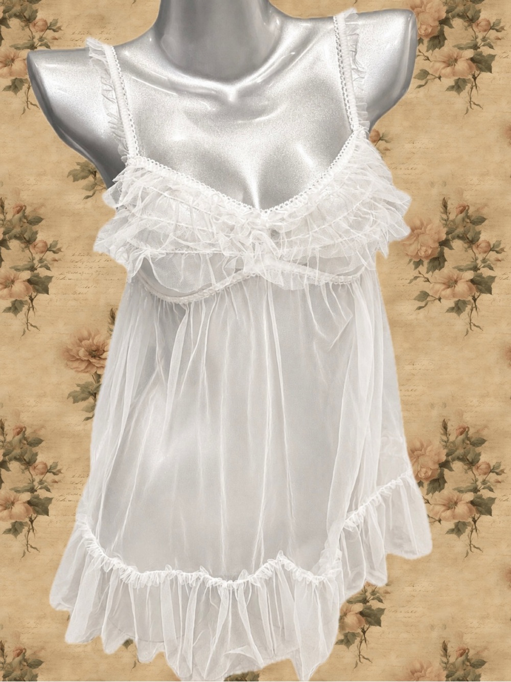 Victorias Secret white floaty mesh babydoll nighty lingerie lace ruffle mini nwt